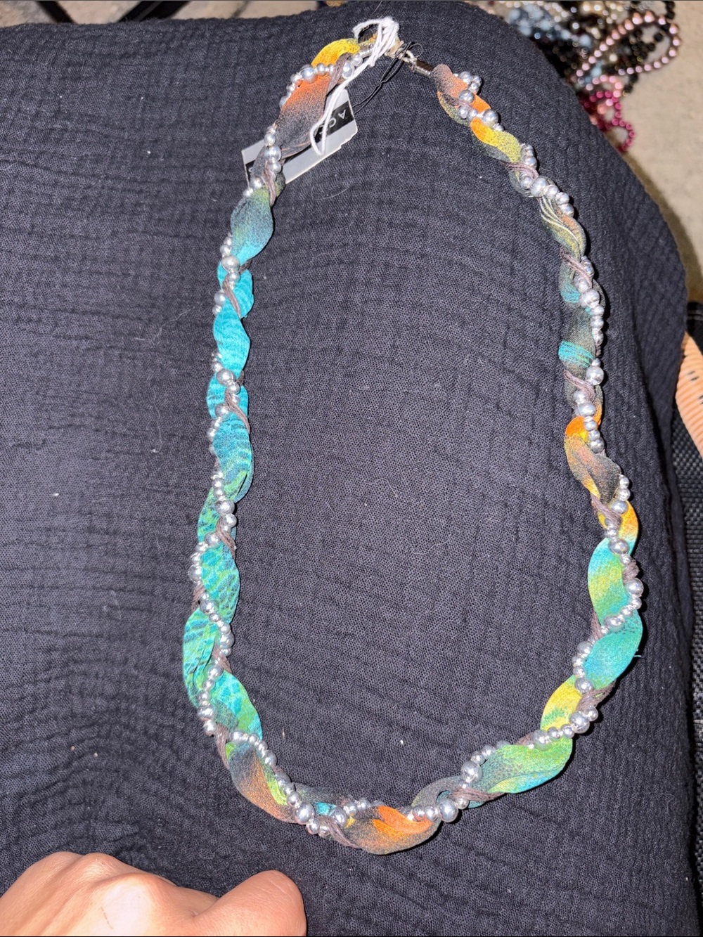 5-Colorful Twisted Fabric and Silver Bead Necklace -‎ Multi